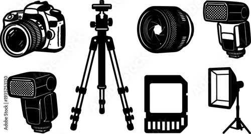 Stencil vector icon set close up camera lens tripod flash memory card studio light equipment arranged on white background bold