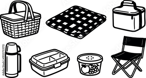 Line art overhead picnic set with woven basket checked blanket insulated cooler thermos divided lunchbox folding chair simple monochrome illustration