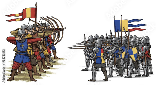 Medieval soldiers in armor with flags and bows ready for battle
