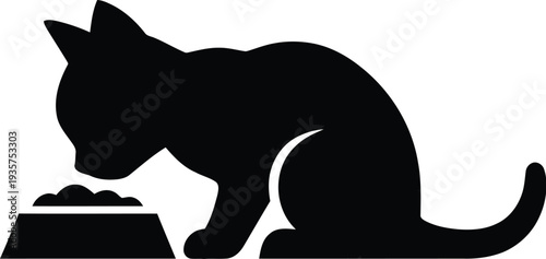 Black silhouette of a cat eating from a bowl vector illustration
