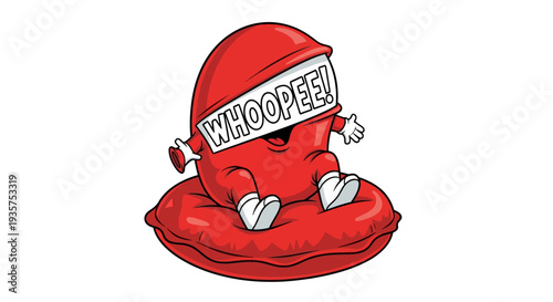 A cartoon character sitting on a red whoopee cushion with excitement