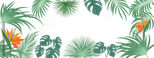 Tropical horizontal banner of palm leaves, monstera and flowers on white background with copy space.