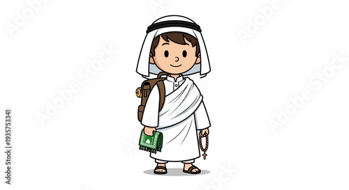 A young boy dressed in traditional Middle Eastern clothing smiling