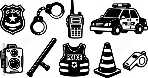 Flat design police equipment icons set close up showing patrol car badge handcuffs baton radio body vest whistle traffic cone