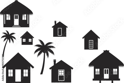 Black silhouette of various houses and palm trees on a white background tropical