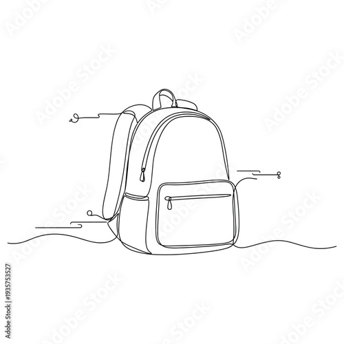 Minimalist line art of backpack design with labels. No editable strokes