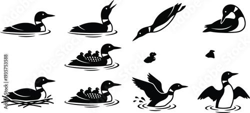 Illustration of Various Duck Activities in a Minimalistic Style