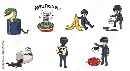 A playful illustration depicting various April Fool's Day pranks and jokes