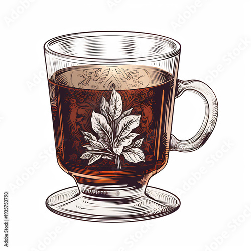 A transparent tea cup with a leaf design on a saucer, filled with brown liquid.