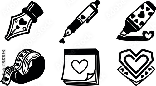 Flat icon set showing valentine heart stationery nib pen marker tape sticky notes and heart badge close up black silhouette