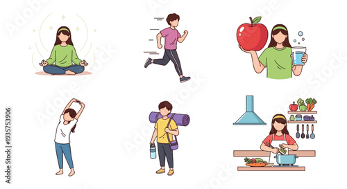 A vibrant illustration of people engaging in various healthy lifestyle activities