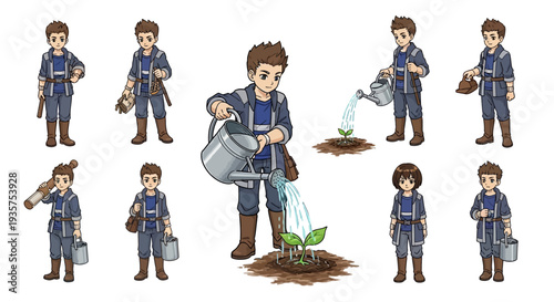 An illustration of a gardener in various poses with tools