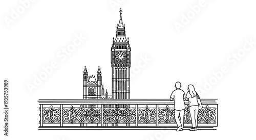 A charming black and white line illustration depicts a couple admiring the iconic Big Ben clock tower and Houses of Parliament in London, symbolizing travel and romance.