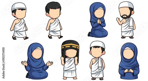 A group of cartoon children dressed in traditional Islamic clothing