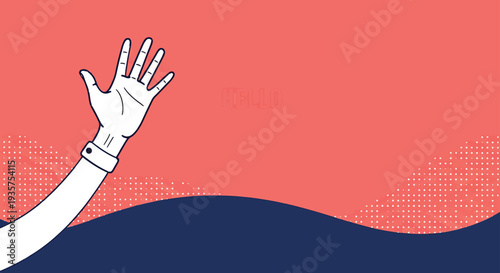 Waving hand gesture vector illustration on coral and navy background