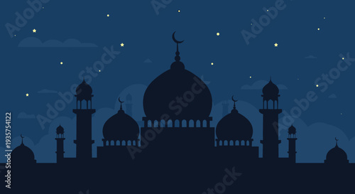 Ramadan Kareem Night Illustration with Mosque, Lanterns, Crescent Moon and Iftar Dates