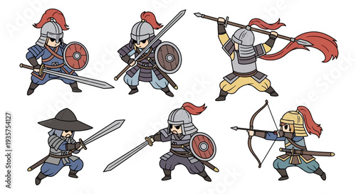 A group of cartoon samurai warriors in various fighting poses