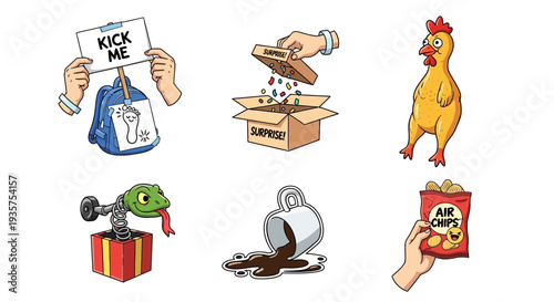 A playful illustration of various humorous cartoon scenes and characters