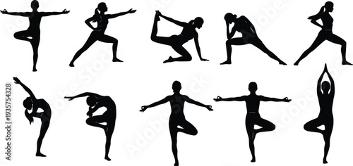 Yoga woman silhouettes collection showing different yoga poses meditation fitness balance flexibility workout healthy lifestyle vector illustration isolated set