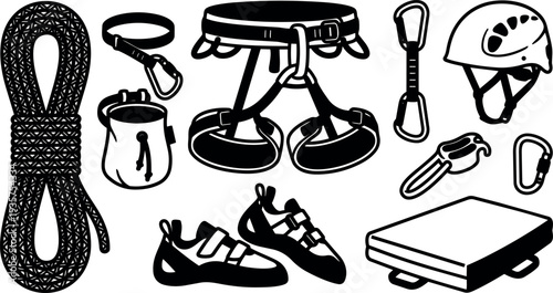 Line art top view collection of rock climbing gear rope harness helmet climbing shoes chalk bag carabiners crash pad illustration