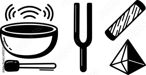 Line art close up singing bowl tuning fork mallet chime bar and crystal pyramid for sound healing instruments top view