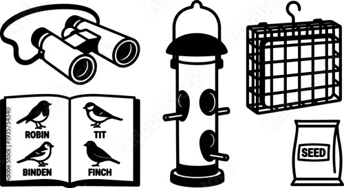 Flat design birdwatching equipment set close up binoculars field guide seed bag tube feeder suet cage black minimal vector illustration