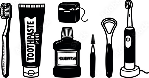 Line art close up row of dental care icons toothbrush toothpaste mouthwash floss and oral tools in high contrast black