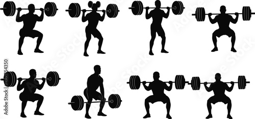 Weightlifting athlete silhouettes performing barbell squat deadlift and strength training exercises gym sport fitness vector illustration isolated black set