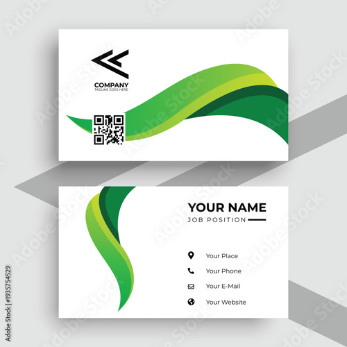 Modern professional business card template with green abstract waves and QR code for eco-friendly branding