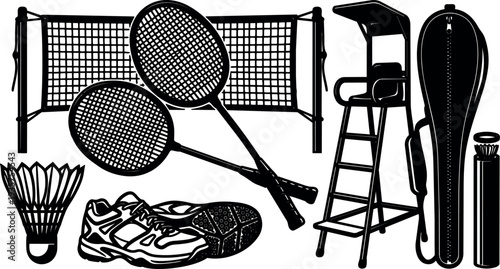 Vector silhouette crossed badminton rackets close up with net umpire chair shoe shuttlecock and racket case overhead view sports equipment