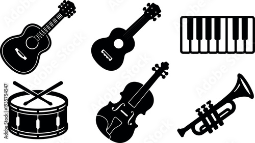 Flat design musical instrument icon set with acoustic guitar ukulele violin drum trumpet crossed drumsticks close up black silhouette