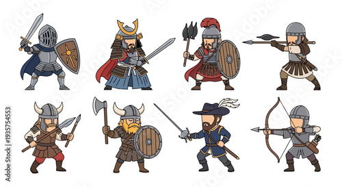 A group of cartoon warriors in various fighting poses and armor