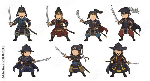 A group of cartoon samurai warriors with swords standing in various poses