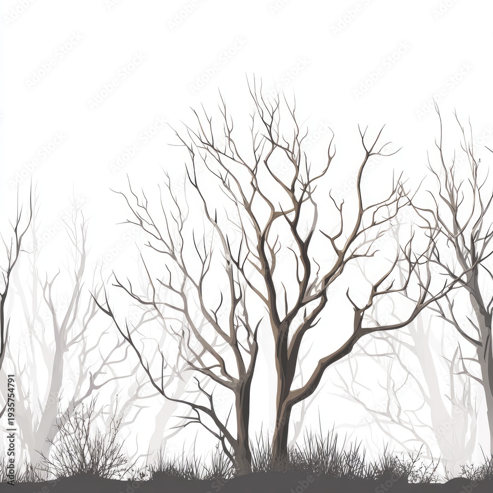 Obraz premium A forest edge silhouette depicts bare, brown trees against a white background, misty and barren