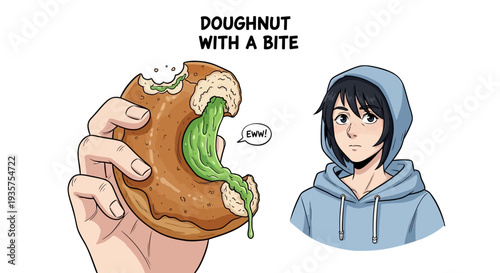 A cartoon illustration of a person reacting to a bitten doughnut