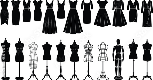 Women’s dresses and mannequins fashion silhouettes illustration vector tailoring garment design graphics, apparel creation concept, black and white creative art collection