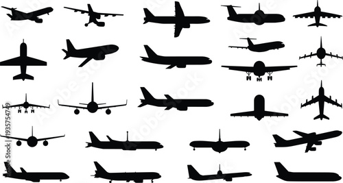 Collection of black silhouette airplanes in various orientations and styles on white background aircraft