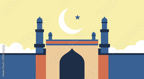 Ramadan Kareem Night Illustration with Mosque, Lanterns, Crescent Moon and Iftar Dates