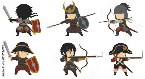Set of Chibi Historical Warriors Including Samurai Archer Knight and Viking