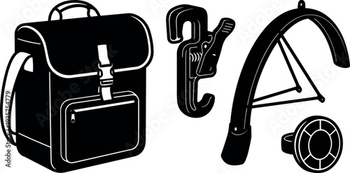 Minimalist vector flat design bicycle fender bell hook and backpack close up top angle isolated white background utility gear silhouette
