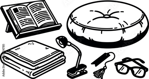 Line art cozy reading nook vector showing open book on stand with round cushion folded blanket clip lamp and glasses