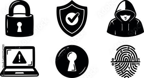 Flat icon set close up cybersecurity symbols padlock shield with check hooded hacker laptop alert keyhole fingerprint simple black silhouette