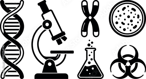 Flat design science icons set dna microscope chromosome petri dish conical flask and biohazard symbol black vector laboratory equipment medical