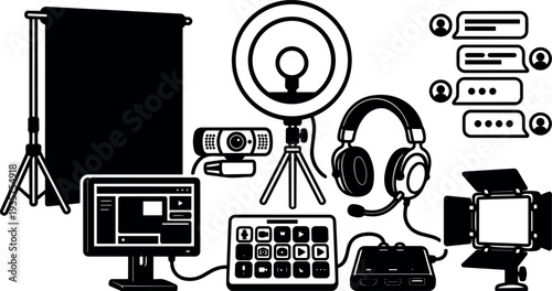 Flat design streaming setup close up headset microphone webcam ring light monitor capture pad controller studio lighting chat bubbles overlay