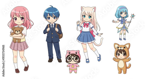 Set of Cute Anime Chibi Characters Featuring School Students Magical Girl and Mascot Costumes