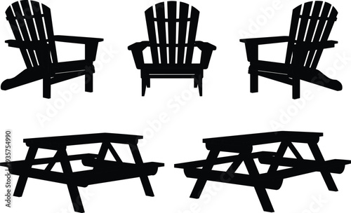 Adirondack chair and wooden picnic table silhouette set, outdoor garden and backyard furniture isolated on white background