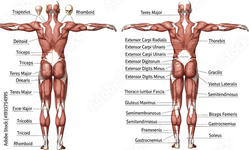 Detailed medical diagram illustrating the posterior view of human muscular system with anatomical labels for major muscle groups