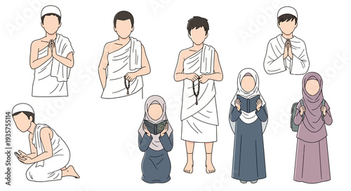 Minimalist Set of Muslim Characters Performing Hajj and Umrah Pilgrimage Rituals and Prayer