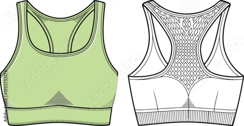 Green and white sports bra with intricate mesh patterns and solid fabric sections