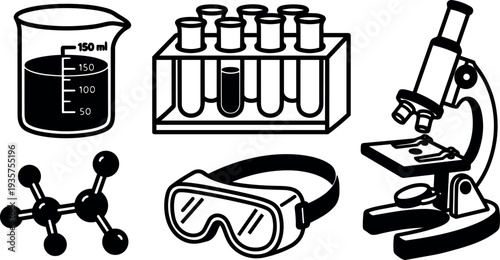 Minimalist vector lab equipment icons beaker test tubes microscope molecule goggles scientific set flat design educational black white outline collection